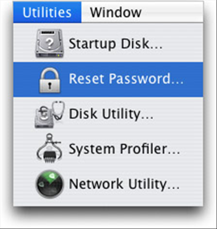 בחר בהעדפות השפה שלך ולאחר מכן, תחת תפריט 'Utilities' בחר 'Password Reset' (זה יכול להיות 'Reset Password' במקום זאת, תלוי בגרסה של Mac OS X).
