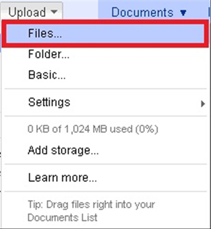 בתפריט שנפתח תוכלו לבחור האם להעלות קבצים - על ידי לחיצה על 'Files' או שתוכלו להעלות ספריות שלמות על ידי לחיצה על 'Folders'.

לאחר שתלחצו, בחרו בקובץ שתרצו להעלות.