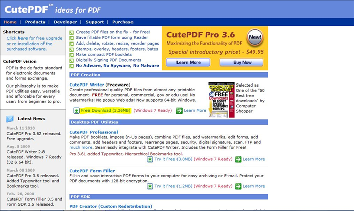 הכנסו לאתר http://www.cutepdf.com ולחצו על 
הלינק 'Free Download'.

הורידו את הקובץ לדיסק הקשיח שלכם.
אם אתם יודעים להתקין את התוכנה, עברו ישירות לצעד 8.