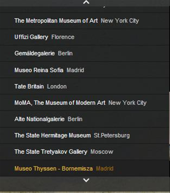 קודם כל עליכם לבחור מוזיאון בו תרצו לבקר.
תוכלו לבחור את המוזיאון מהחלון השמאלי - רשום בו את שם המוזיאון והמיקום הגאוגרפי שלו.