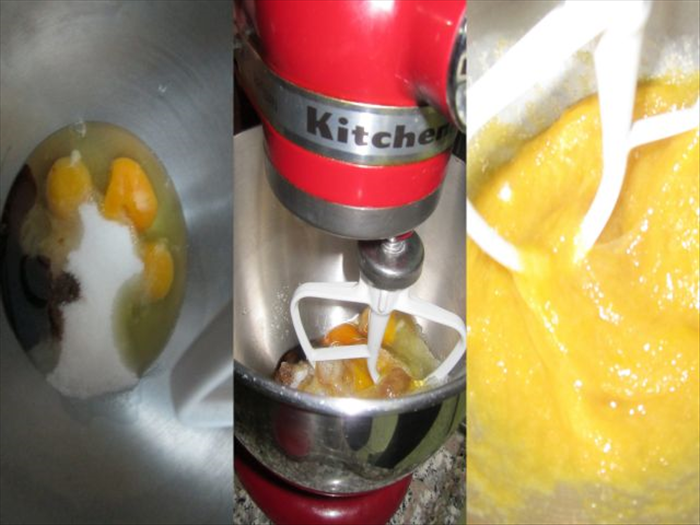 <p> מערבבים בקערת המערבל ביצים, תמצית וניל וסוכר כשלוש דקות.</p>