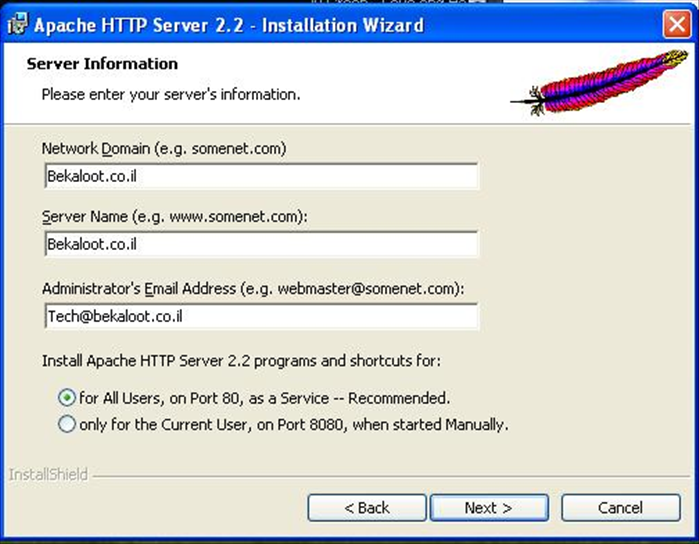 במסך שמבקש Server information הכנס את הדוא'ל שלך ובNetwork domain הכנס שם דומיין כלשהו, כנ'ל לגביי הServer name.

לחץ על Next.