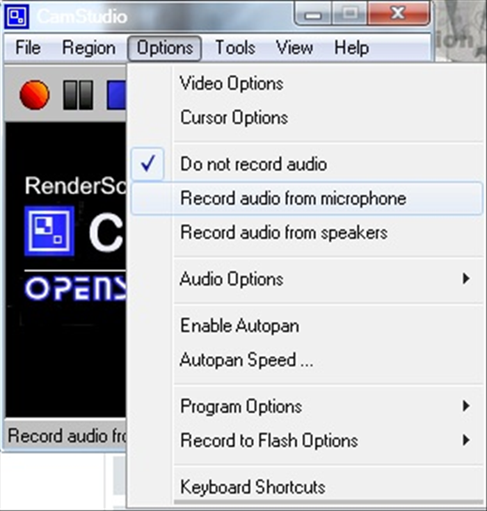 אם אתם רוצים להקליט את עצמכם (בשביל הסברים וכדומה) תוך כדי הקלטת הסרטון לחצו על 'Options' בסרגל הכלים ובתפריט בחרו ב'Record from microphone'.

אם אתם רוצים שכל סאונד שייצא מהרמקולים יוקלט תוך כדי הסרטון, לחצו על 'Record from speakers' .