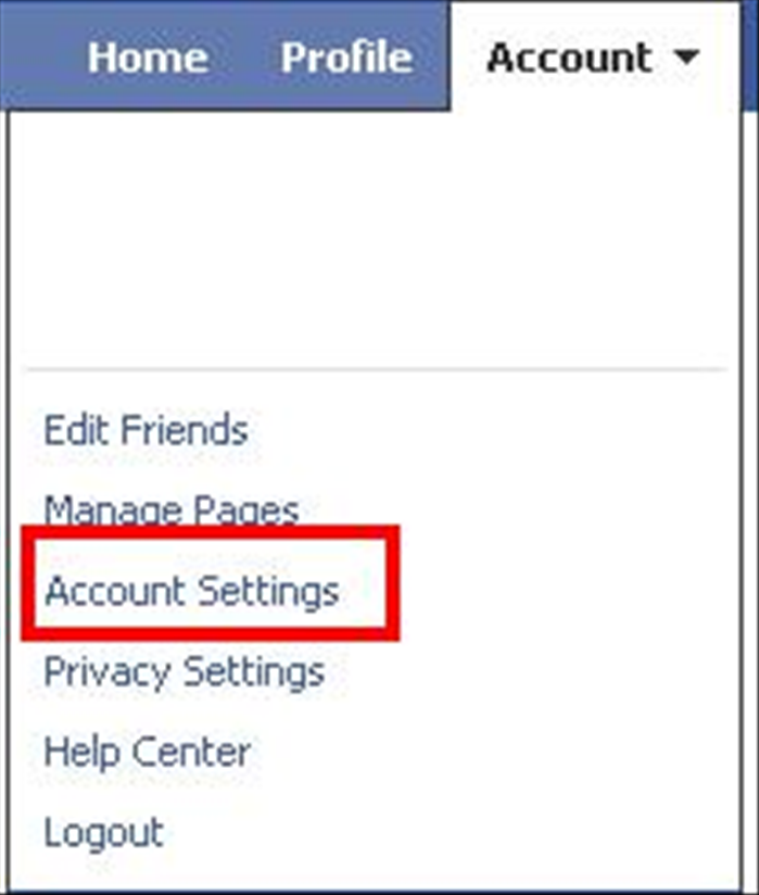 הכנסו לחשבון הפייסבוק שלכם ובחרו בטאב ה'Account' (בעברית: 'חשבון').

בתפריט שנפתח בחרו ב'Account Settings' (בעברית: 'הגדרות חשבון').