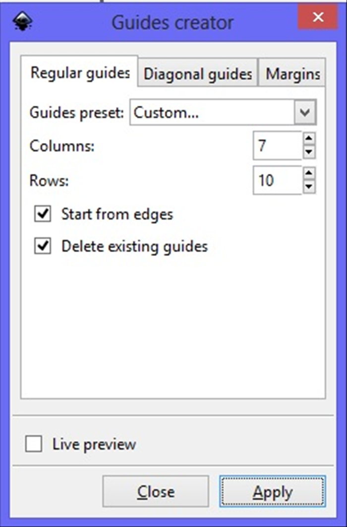<p> 3.</p> 
<p> שנה את מספר העמודות ל- 7 ושורות ל- 10.   </p> 
<p> Columns  7    Rows  10. </p> 
<p>  סימן בדוק לצד - התחל מקצוות ומחק קווי עזר קיימים   </p> 
<p>  Start from edges   Delete existing guides</p> 
<p>   לחץ על החל ולאחר מכן התיבה X בפינה השמאלית העליונה Apply</p>