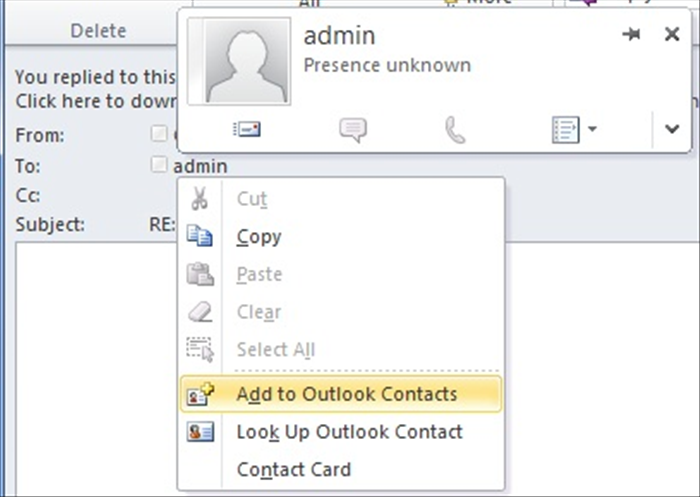 דרך מהירה יותר ליצור איש קשר היא פשוט ללחוץ כפתור ימני על כתובת מייל של שולח הדוא'ל או הנמען.

יפתח תפריט ובו תבחרו ב'Add to Outlook Contacts'