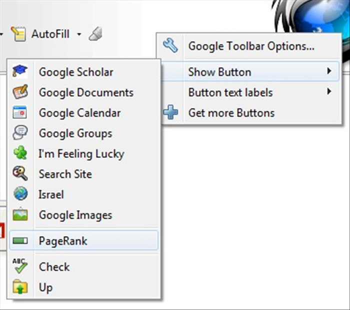 לחצו כפתור ימני על הGoogle toolbar ובחרו ב'show more buttons' ולאחר מכן בחרו ב'PageRank'.
