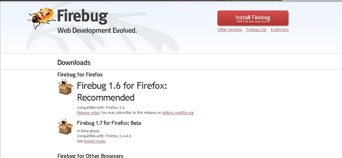 לאחר שהורדתם את הדפדפן עליכם להוריד תוסף לדפדפן הנקרא firebug. התוסף הזה הוא כלי חובה לכל מפתח אתרים.
הכלי הזה מאפשר לכם לבחון קוד של אתר בHTML, JAVASCRIPS, CSS, DOM ועוד,  לשפר ולשנות אותו.

תוכלו להוריד אותו מכאן: 
https://getfirebug.com/downloads

לחצו על הגרסא העדכנית ביותר והורידו אותה.